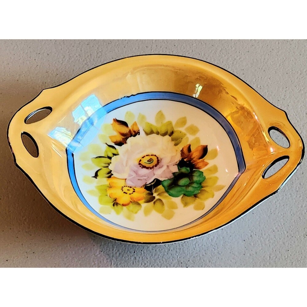 ANT NORITAKE "M" MORIMURA Lusterware Bowl Candy Dish Handles Floral Yellow Blue